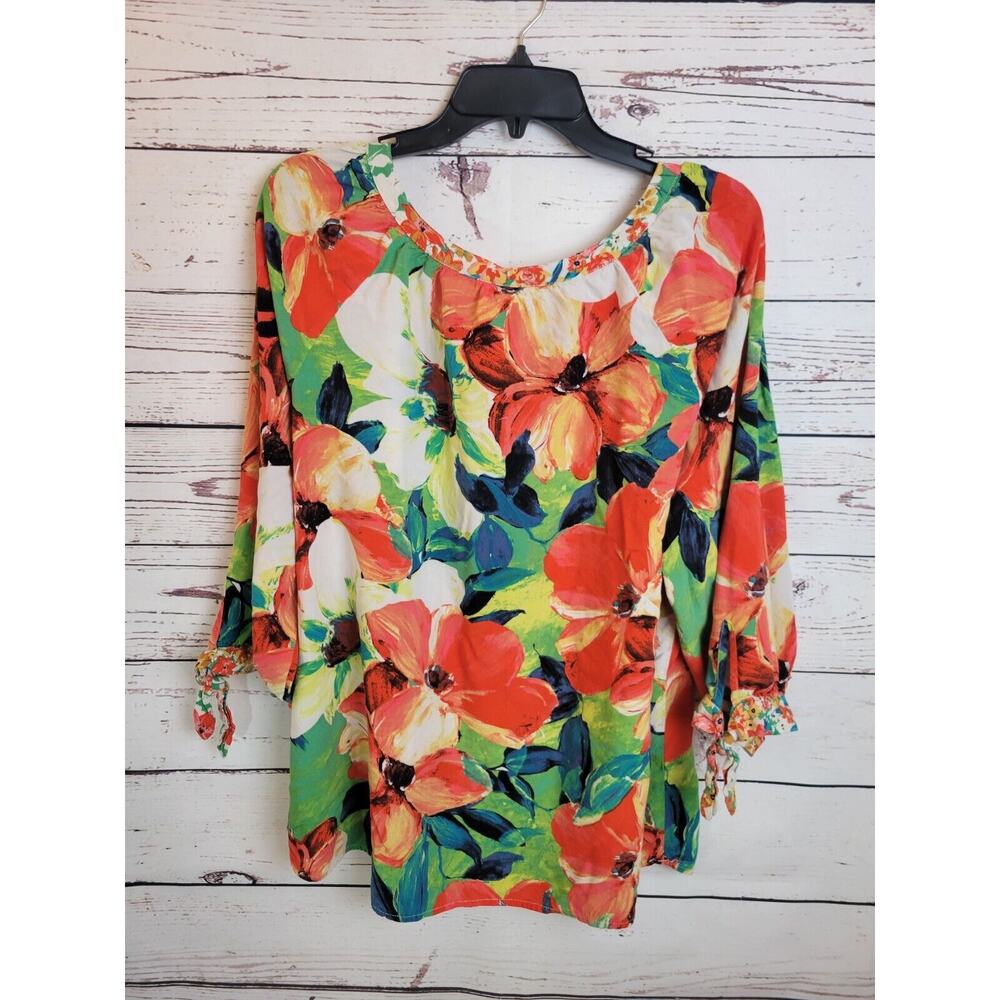 Fig & Flower Shell buttons Orange Green Floral Long Sleeve Top Women's Sz 3X - Picture 8 of 10